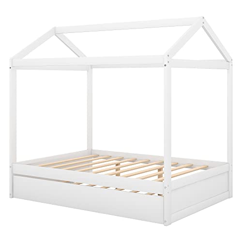 BIADNBZ Full Size House Platform Bed Frame with Trundle and Support Legs for Kids Bedroom, Wooden Playhouse BedFrame, Easy Assembly,White
