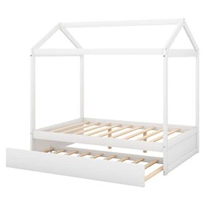 BIADNBZ Full Size House Platform Bed Frame with Trundle and Support Legs for Kids Bedroom, Wooden Playhouse BedFrame, Easy Assembly,White