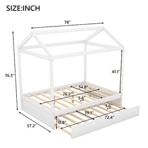 BIADNBZ Full Size House Platform Bed Frame with Trundle and Support Legs for Kids Bedroom, Wooden Playhouse BedFrame, Easy Assembly,White