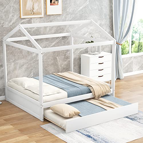 BIADNBZ Full Size House Platform Bed Frame with Trundle and Support Legs for Kids Bedroom, Wooden Playhouse BedFrame, Easy Assembly,White