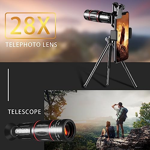 High Power 28x HD Phone Telephoto Lens Cell Phone Camera Lens Kit 198 Degree Ultra Wide Angle Fisheye Lens