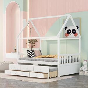 biadnbz full size house platform bed with trundle and 3 storage drawers, solid wood bedframe for kids teens w/wooden slats support, no box spring needed, easy assembly, white