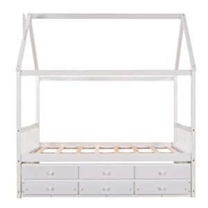 BIADNBZ Full Size House Platform Bed with Trundle and 3 Storage Drawers, Solid Wood Bedframe for Kids Teens w/Wooden Slats Support, No Box Spring Needed, Easy Assembly, White