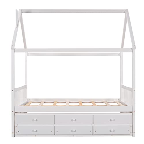 BIADNBZ Full Size House Platform Bed with Trundle and 3 Storage Drawers, Solid Wood Bedframe for Kids Teens w/Wooden Slats Support, No Box Spring Needed, Easy Assembly, White