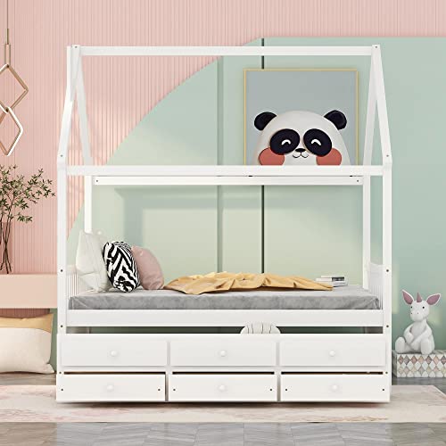 BIADNBZ Full Size House Platform Bed with Trundle and 3 Storage Drawers, Solid Wood Bedframe for Kids Teens w/Wooden Slats Support, No Box Spring Needed, Easy Assembly, White