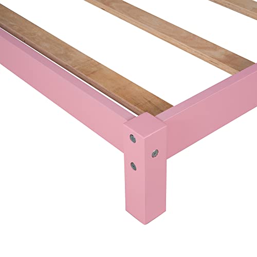 BIADNBZ Twin Size Platform Bed Frame with House-Shaped Headboard for Kids Boys Girls Bedroom, Wooden Slats Support, No Box Spring Needed, Pink