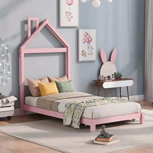 biadnbz twin size platform bed frame with house-shaped headboard for kids boys girls bedroom, wooden slats support, no box spring needed, pink