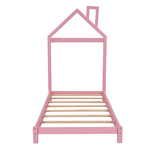 BIADNBZ Twin Size Platform Bed Frame with House-Shaped Headboard for Kids Boys Girls Bedroom, Wooden Slats Support, No Box Spring Needed, Pink