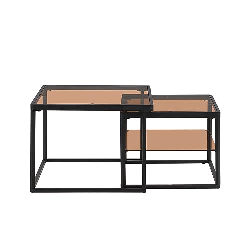 Modern Nested Coffee Table Set with High-Low Combination Design,Adjustable 2 Tier Living Room Center Table and end Table with Metal Frame and Brown Tempered Glass. (Black~Metal Frame)