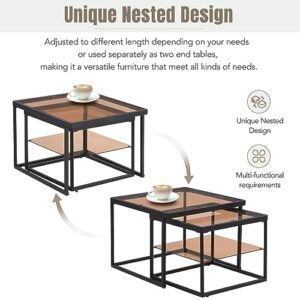 Modern Nested Coffee Table Set with High-Low Combination Design,Adjustable 2 Tier Living Room Center Table and end Table with Metal Frame and Brown Tempered Glass. (Black~Metal Frame)