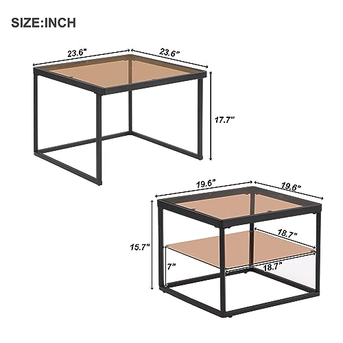 Modern Nested Coffee Table Set with High-Low Combination Design,Adjustable 2 Tier Living Room Center Table and end Table with Metal Frame and Brown Tempered Glass. (Black~Metal Frame)