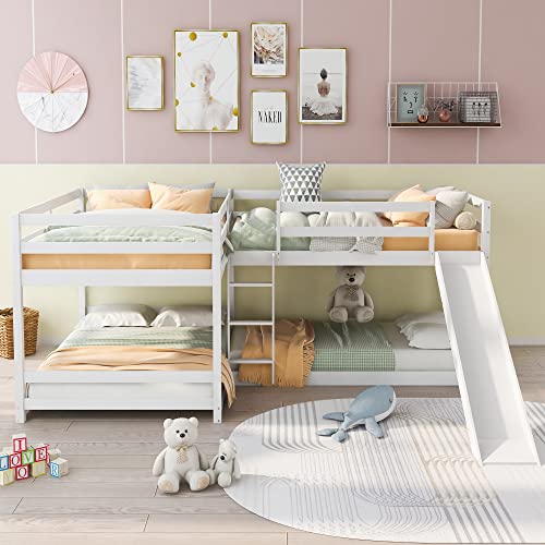 L Shaped Bunk Bed for 4, Wooden Quad Bunk Bed with Slide, Full Over Full Bunk Bed with Twin Over Twin Bunk Bed Attached for Kids Girls Boys - White