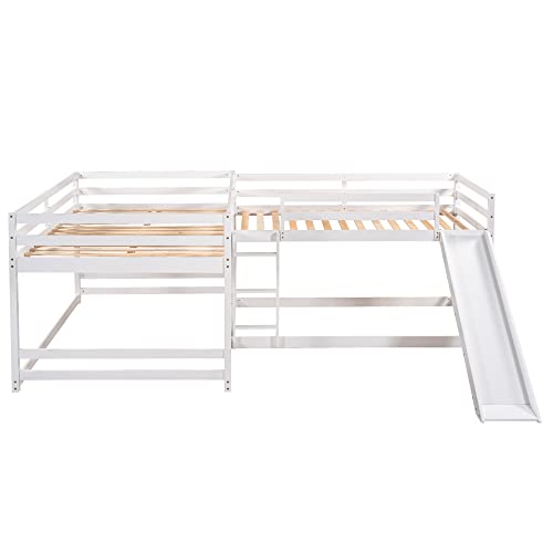 L Shaped Bunk Bed for 4, Wooden Quad Bunk Bed with Slide, Full Over Full Bunk Bed with Twin Over Twin Bunk Bed Attached for Kids Girls Boys - White