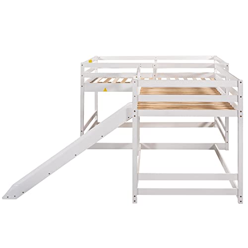 L Shaped Bunk Bed for 4, Wooden Quad Bunk Bed with Slide, Full Over Full Bunk Bed with Twin Over Twin Bunk Bed Attached for Kids Girls Boys - White