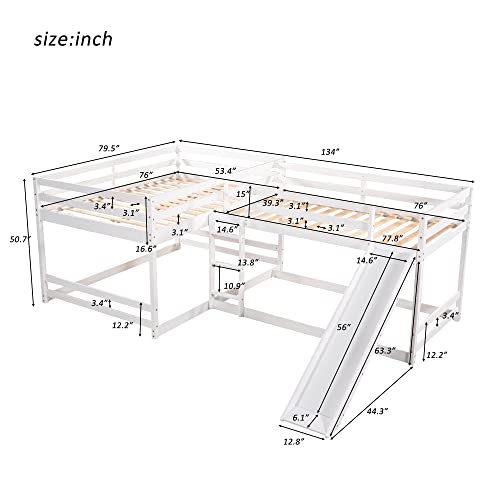 L Shaped Bunk Bed for 4, Wooden Quad Bunk Bed with Slide, Full Over Full Bunk Bed with Twin Over Twin Bunk Bed Attached for Kids Girls Boys - White