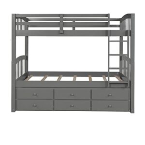 BIADNBZ Twin Over Twin Bunk Bed with Trundle and 3 Storage Drawers, Wooden Detachable Bunkbed Separated into 2 Platform Bedframes for Bedroom/Guest Room, Gray