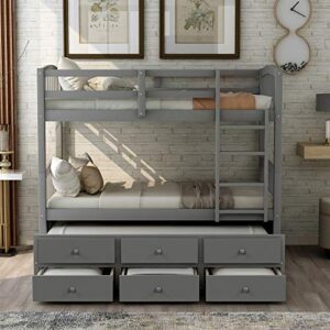 BIADNBZ Twin Over Twin Bunk Bed with Trundle and 3 Storage Drawers, Wooden Detachable Bunkbed Separated into 2 Platform Bedframes for Bedroom/Guest Room, Gray