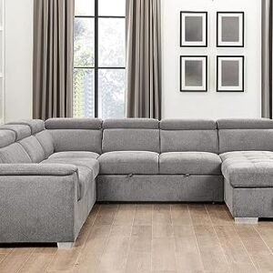 125"w U-Shaped Oversized Modular Sectional Sofa with Pull Out Sleeper Bed Adjustable Headrest and Right Storage Chaise Lounge,Convertible Upholstered Tufted Cushion 7-Seat Sofá&Couch for Large Space