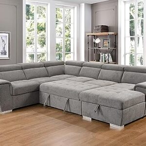 125"w U-Shaped Oversized Modular Sectional Sofa with Pull Out Sleeper Bed Adjustable Headrest and Right Storage Chaise Lounge,Convertible Upholstered Tufted Cushion 7-Seat Sofá&Couch for Large Space