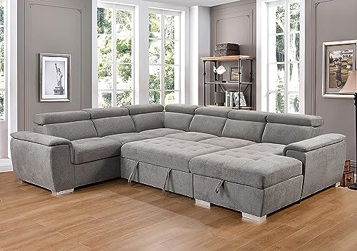 125"w U-Shaped Oversized Modular Sectional Sofa with Pull Out Sleeper Bed Adjustable Headrest and Right Storage Chaise Lounge,Convertible Upholstered Tufted Cushion 7-Seat Sofá&Couch for Large Space