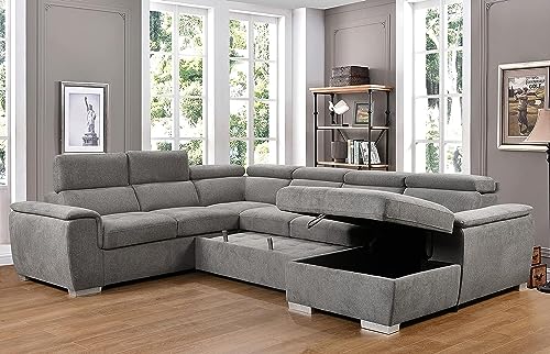 125"w U-Shaped Oversized Modular Sectional Sofa with Pull Out Sleeper Bed Adjustable Headrest and Right Storage Chaise Lounge,Convertible Upholstered Tufted Cushion 7-Seat Sofá&Couch for Large Space