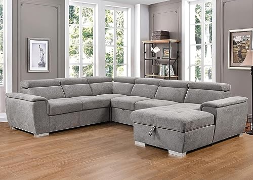 125"w U-Shaped Oversized Modular Sectional Sofa with Pull Out Sleeper Bed Adjustable Headrest and Right Storage Chaise Lounge,Convertible Upholstered Tufted Cushion 7-Seat Sofá&Couch for Large Space