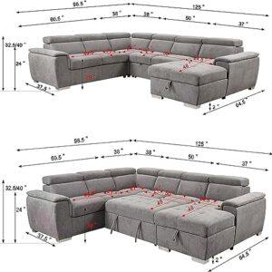 125"w U-Shaped Oversized Modular Sectional Sofa with Pull Out Sleeper Bed Adjustable Headrest and Right Storage Chaise Lounge,Convertible Upholstered Tufted Cushion 7-Seat Sofá&Couch for Large Space