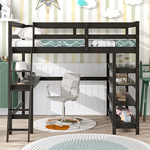 DEYOBED Full Size Wooden Loft Bed Frame with Under-Bed Desk and 4-Tier Storage Shelves - Stylish and Practical Furniture for Enhanced Bedroom Organization