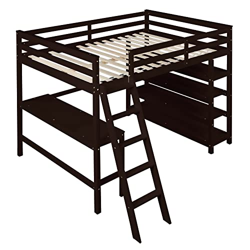 DEYOBED Full Size Wooden Loft Bed Frame with Under-Bed Desk and 4-Tier Storage Shelves - Stylish and Practical Furniture for Enhanced Bedroom Organization