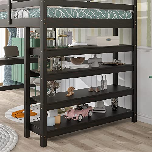 DEYOBED Full Size Wooden Loft Bed Frame with Under-Bed Desk and 4-Tier Storage Shelves - Stylish and Practical Furniture for Enhanced Bedroom Organization