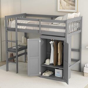 biadnbz wooden loft bed with desk and wardrobe, twin size loftbed frame with storage closet&bulid-in ladder, for kids teens bedroom, gray