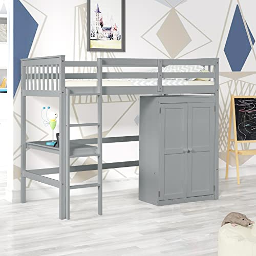 BIADNBZ Wooden Loft Bed with Desk and Wardrobe, Twin Size Loftbed Frame with Storage Closet&Bulid-in Ladder, for Kids Teens Bedroom, Gray