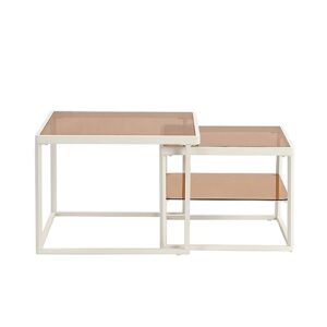 VKKILPEE Modern Nesting Coffee Table Set with High-Low Combination Design, Brown Tempered Glass Square Cocktail Table, White Metal Frame, Length Adjustable 2-Tier Center End Table for Living Room