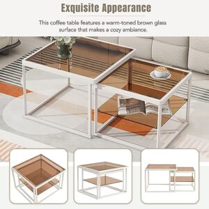 VKKILPEE Modern Nesting Coffee Table Set with High-Low Combination Design, Brown Tempered Glass Square Cocktail Table, White Metal Frame, Length Adjustable 2-Tier Center End Table for Living Room