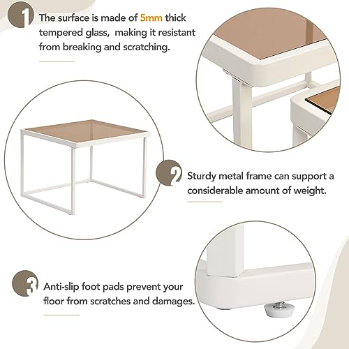 VKKILPEE Modern Nesting Coffee Table Set with High-Low Combination Design, Brown Tempered Glass Square Cocktail Table, White Metal Frame, Length Adjustable 2-Tier Center End Table for Living Room