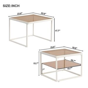 VKKILPEE Modern Nesting Coffee Table Set with High-Low Combination Design, Brown Tempered Glass Square Cocktail Table, White Metal Frame, Length Adjustable 2-Tier Center End Table for Living Room