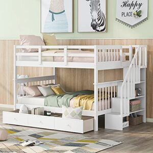 biadnbz full over full bunk bed with stairs storage and three drawers, detachable stairway wooden bunkbeds frame w/guard rail, for kids teens adults bedroom, white