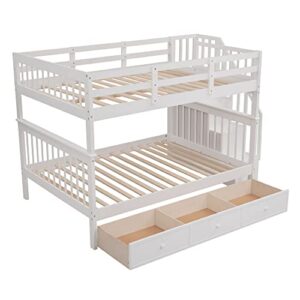 BIADNBZ Full Over Full Bunk Bed with Stairs Storage and Three Drawers, Detachable Stairway Wooden Bunkbeds Frame w/Guard Rail, for Kids Teens Adults Bedroom, White