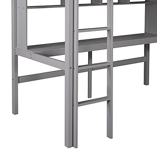 DEYOBED Twin Size Wooden Loft Bed Frame with Desk and Shelves - Create an Efficient and Stylish Workspace for Kids, Teens, and Adults