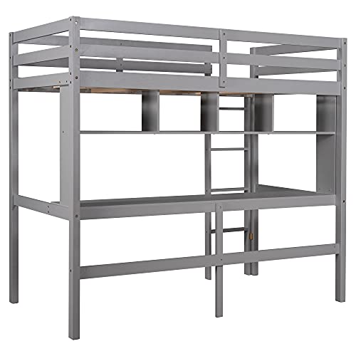 DEYOBED Twin Size Wooden Loft Bed Frame with Desk and Shelves - Create an Efficient and Stylish Workspace for Kids, Teens, and Adults