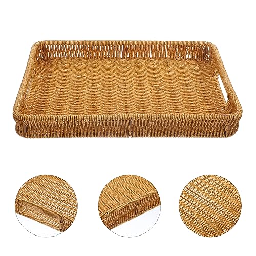 UPKOCH Rattan Rectangular Serving Tray with Handle Woven Wicker Serving Baskets Coffee Table Tray Weaving Storage Basket Ottoman for Breakfast Drinks