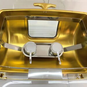 HONHPD 9 Quart Gold Stainless Steel Chafing Dish Buffet Set, Roll Top Rectangular Buffet Servers and Warmers Set Warming Tray, Chafer with Glass Window for Wedding, Parties, Catering（1pcs）