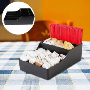 Luxshiny Tea Bag Organizer Plastic Coffee Bar Box Countertop Sugar Holder Tea Bags Storage Bin 6 Compartment Sugar Sweetener for Hotel Restaurant Black