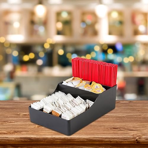 Luxshiny Tea Bag Organizer Plastic Coffee Bar Box Countertop Sugar Holder Tea Bags Storage Bin 6 Compartment Sugar Sweetener for Hotel Restaurant Black