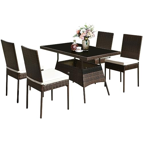 ZHYHSM-111 5 PCS Patio Rattan Dining Set Glass Table High Back Chair Garden Deck Mix Brown