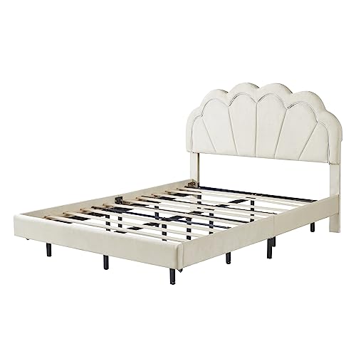 Tidyard Full Upholstered Smart LED Bed Frame with Elegant Flowers Headboard,Floating Velvet Platform LED Bed with Wooden Slats Support,Beige for Bedroom Dorm Guest Room Home Furniture