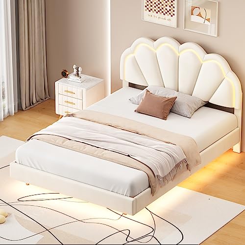 Tidyard Full Upholstered Smart LED Bed Frame with Elegant Flowers Headboard,Floating Velvet Platform LED Bed with Wooden Slats Support,Beige for Bedroom Dorm Guest Room Home Furniture