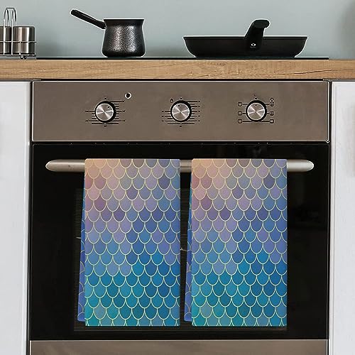 Kitchen Towels Fish Mermaid Glitter Absorbent Tea Towel Soft Hand Dish Towel Ocean Ombre Orange Teal Reusable Washable Cleaning Cloth Hand Bath Towels for Bathroom Bar for Everyday Cooking (Pack of 1)