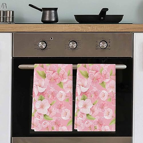 YOUNGKIDS Kitchen Towels Spring Peach Blossom Floral Absorbent Tea Towel Soft Hand Dish Towel Pink Reusable Washable Cleaning Cloth Hand Bath Towels for Bathroom Bar for Everyday Cooking (Pack of 2)