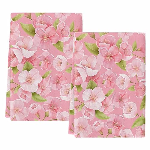 YOUNGKIDS Kitchen Towels Spring Peach Blossom Floral Absorbent Tea Towel Soft Hand Dish Towel Pink Reusable Washable Cleaning Cloth Hand Bath Towels for Bathroom Bar for Everyday Cooking (Pack of 2)